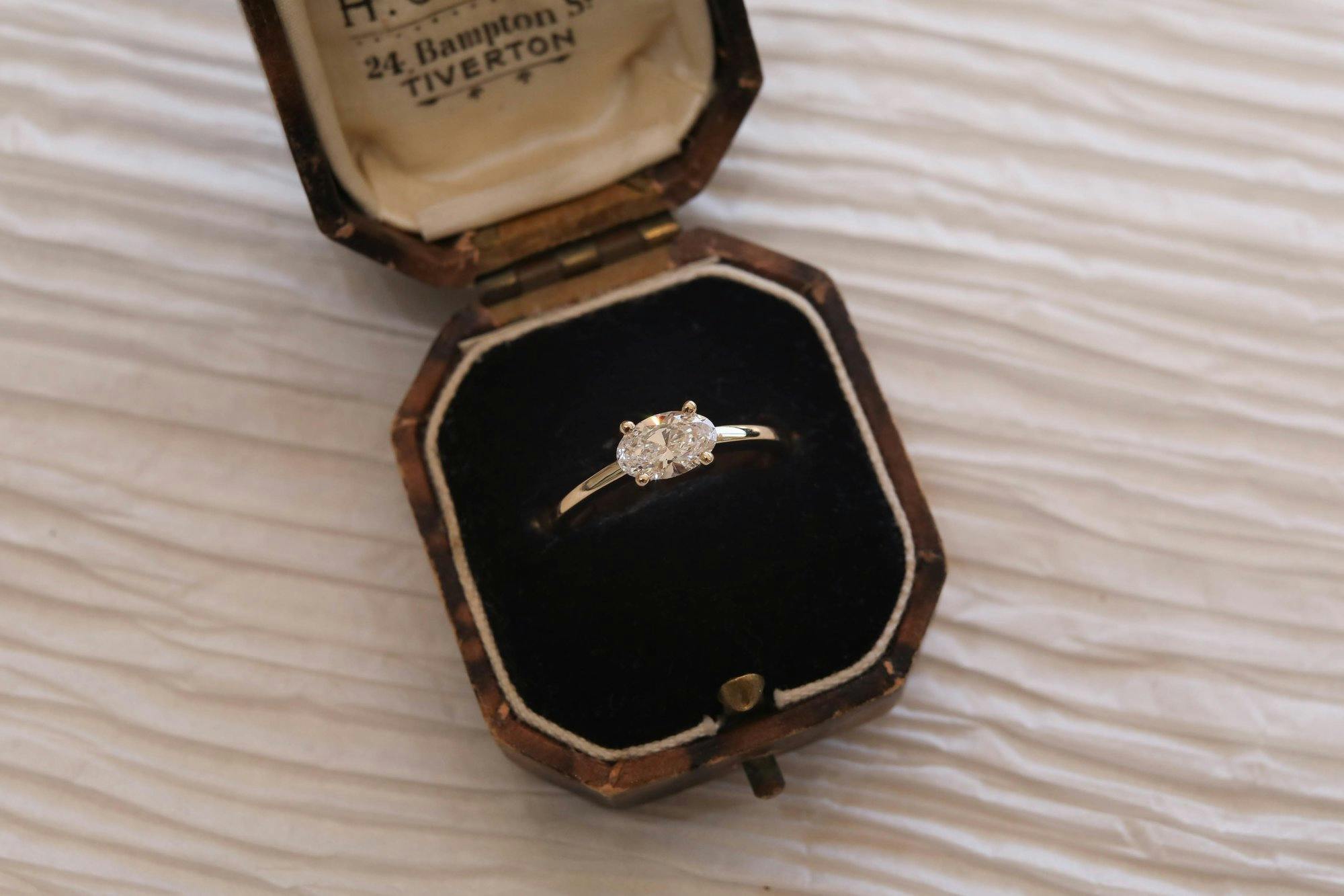a photo of an oval ring set east-west in a vintage ring box
