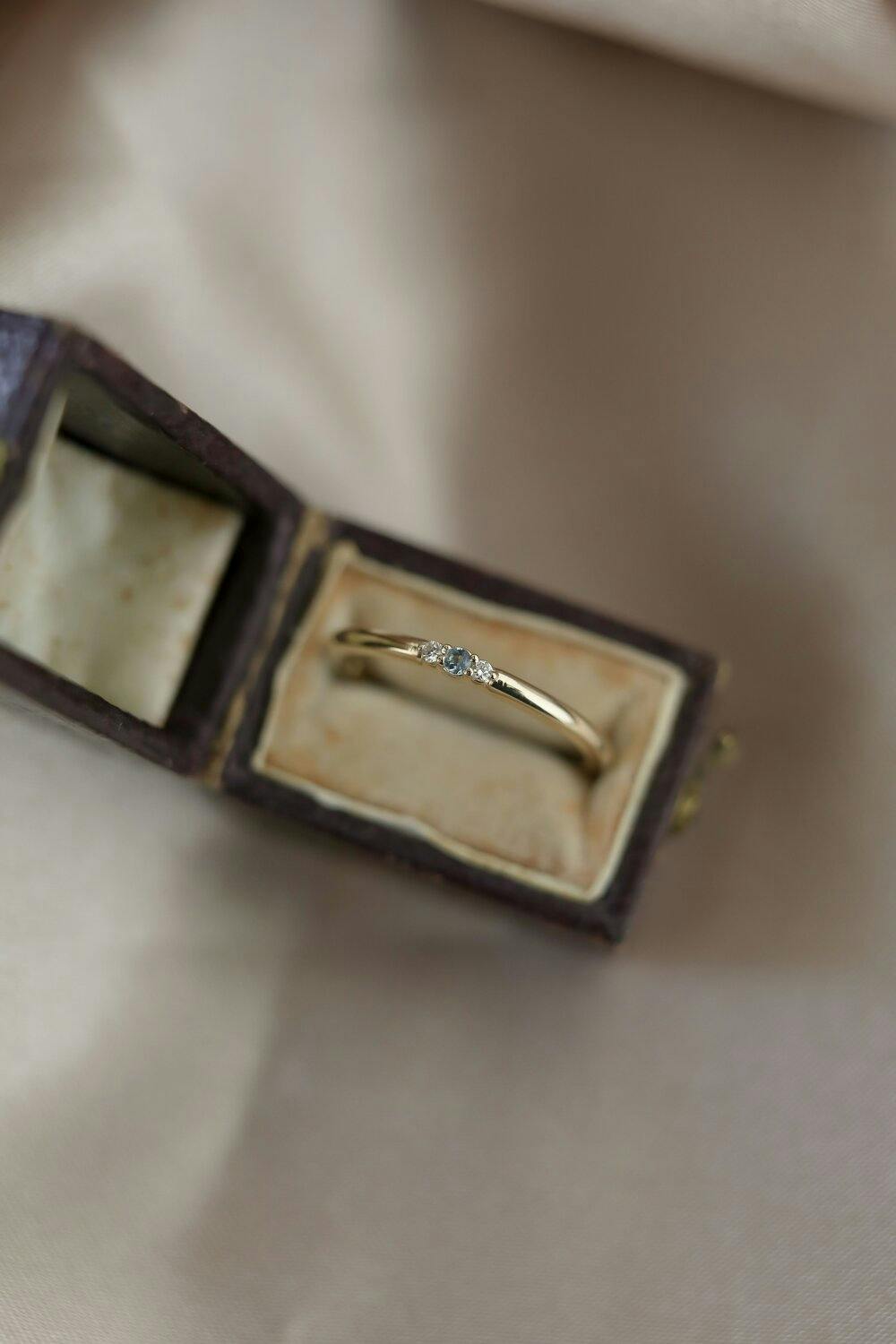 a gold band with the aquamarine stone
